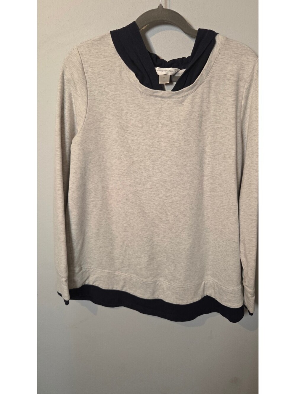 Christopher and Banks Heather gray Long Sleeve hooded Top with Navy Trim